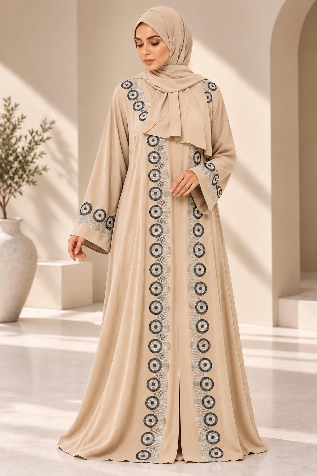 Cream embroidered abaya with coordinated hijab