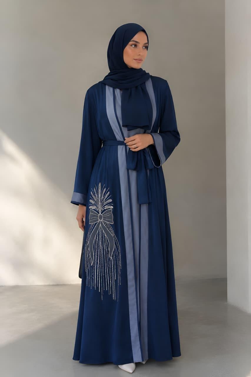 Navy complete abaya set, front view